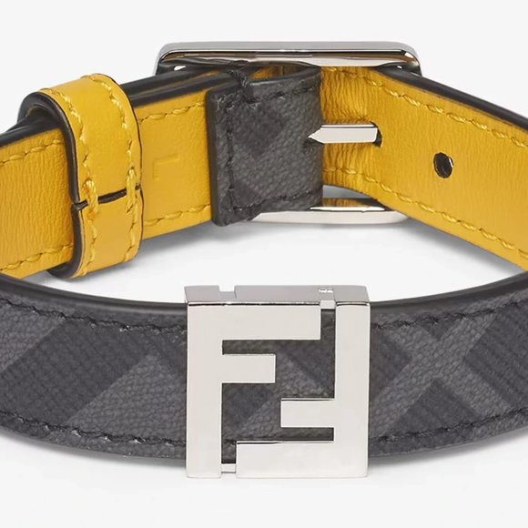 FENDI 'FF Metal Logo Reversible Bracelet' Men's Canvas & Leather M Gry/Ylw NWT! - Picture 7 of 16
